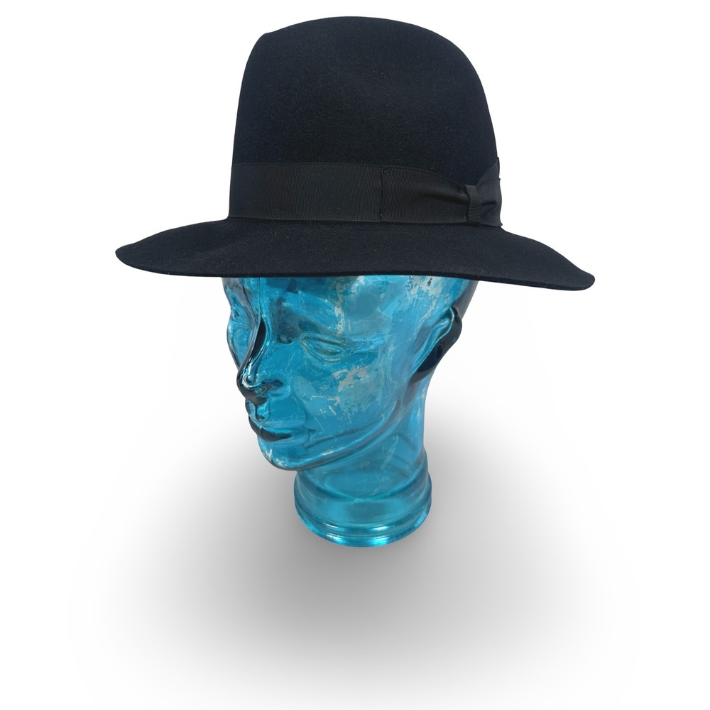 Borsalino Mens Black Felt Fedora Wide Brim Hat 56 6 7/8 Made in Italy New